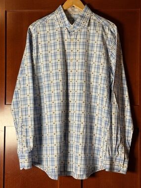 Bugatchi Men's Blue/White Plaid Button-Down Long Sleeve Cotton Shirt Size XL